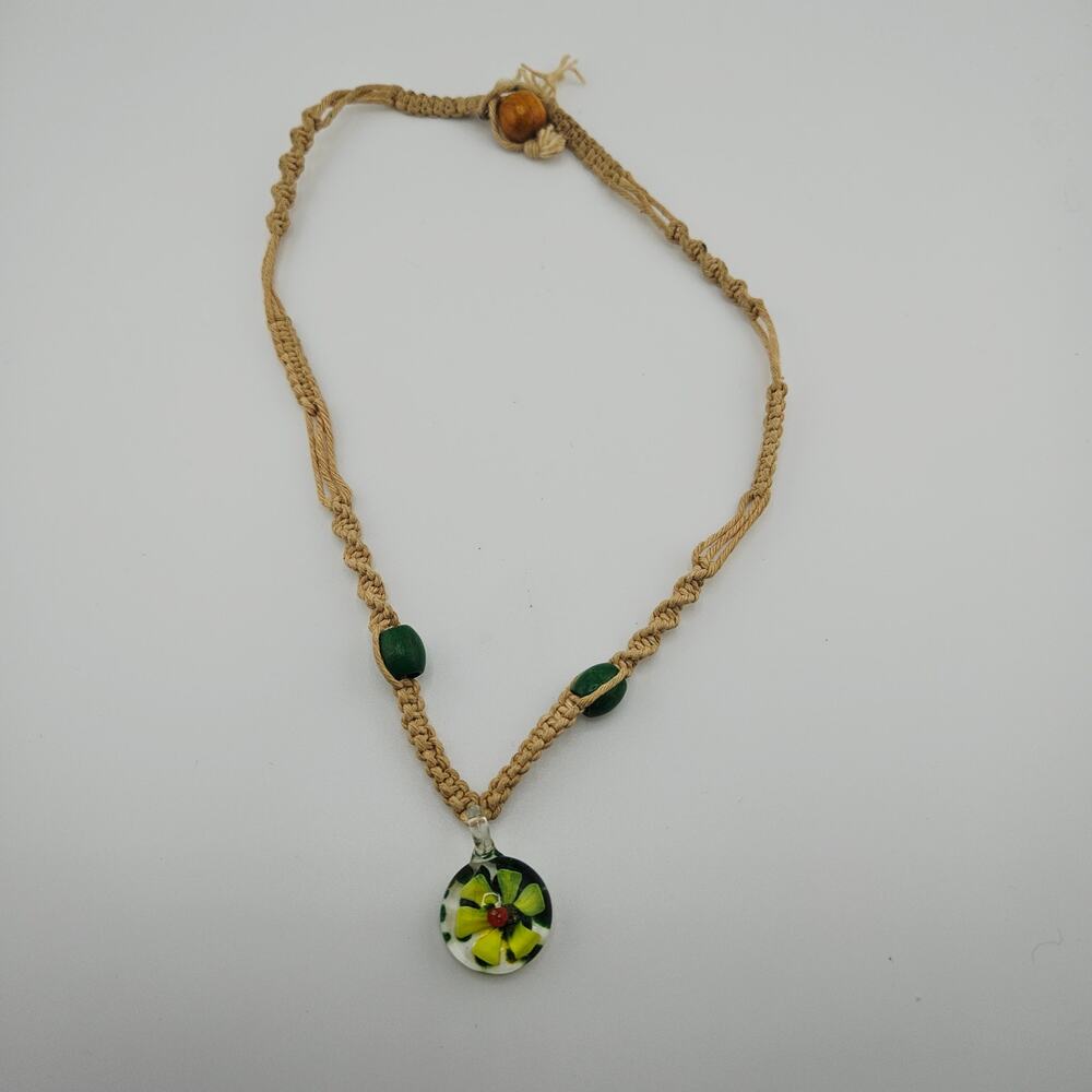 Glass Flower Power Pendant Macramé Necklace 90's Y2K Surfer Boho Hippie